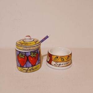 MSC Joie de Vivre Porcelain Condiment/ Jam Jar with Spoon & Lid and Spice "Dish"